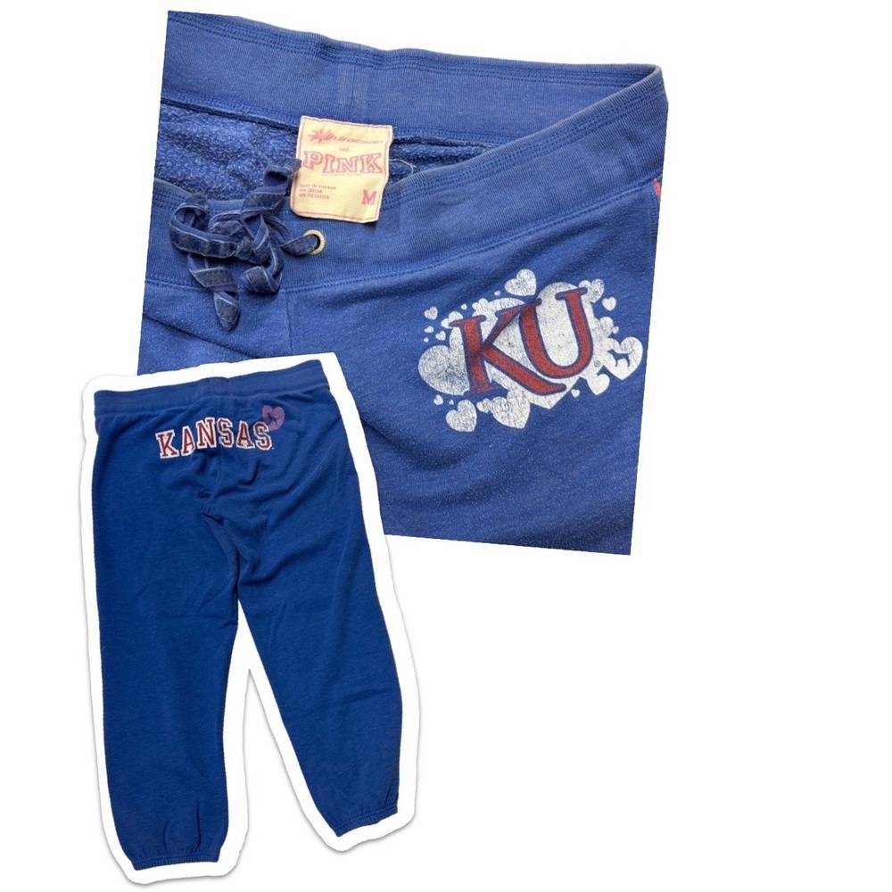 Y2K Victoria's Secret PINK Medium Kansas Jayhawks KU Sweatpants Joggers Blue